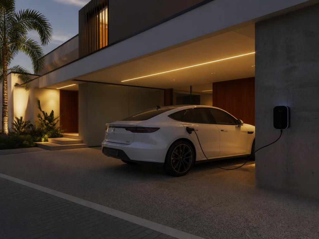 Carro elétrico carregando em wall box de residência moderna