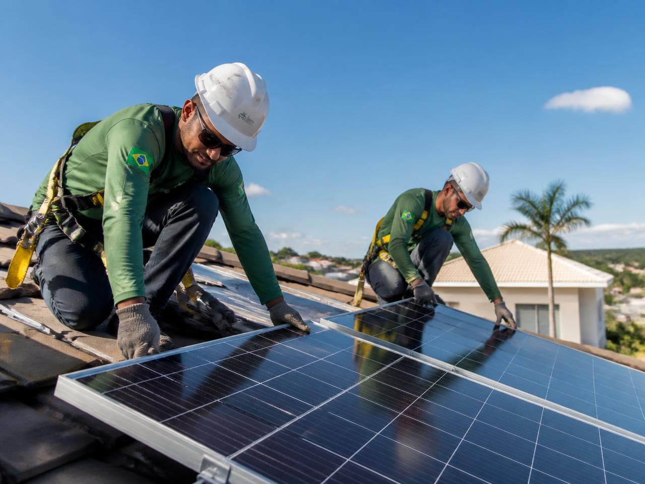 Equipe técnica instalando placas solares em telhado residencial
